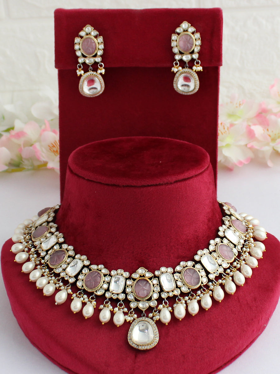 Kolkata Bib Necklace Set-Pastel Pink