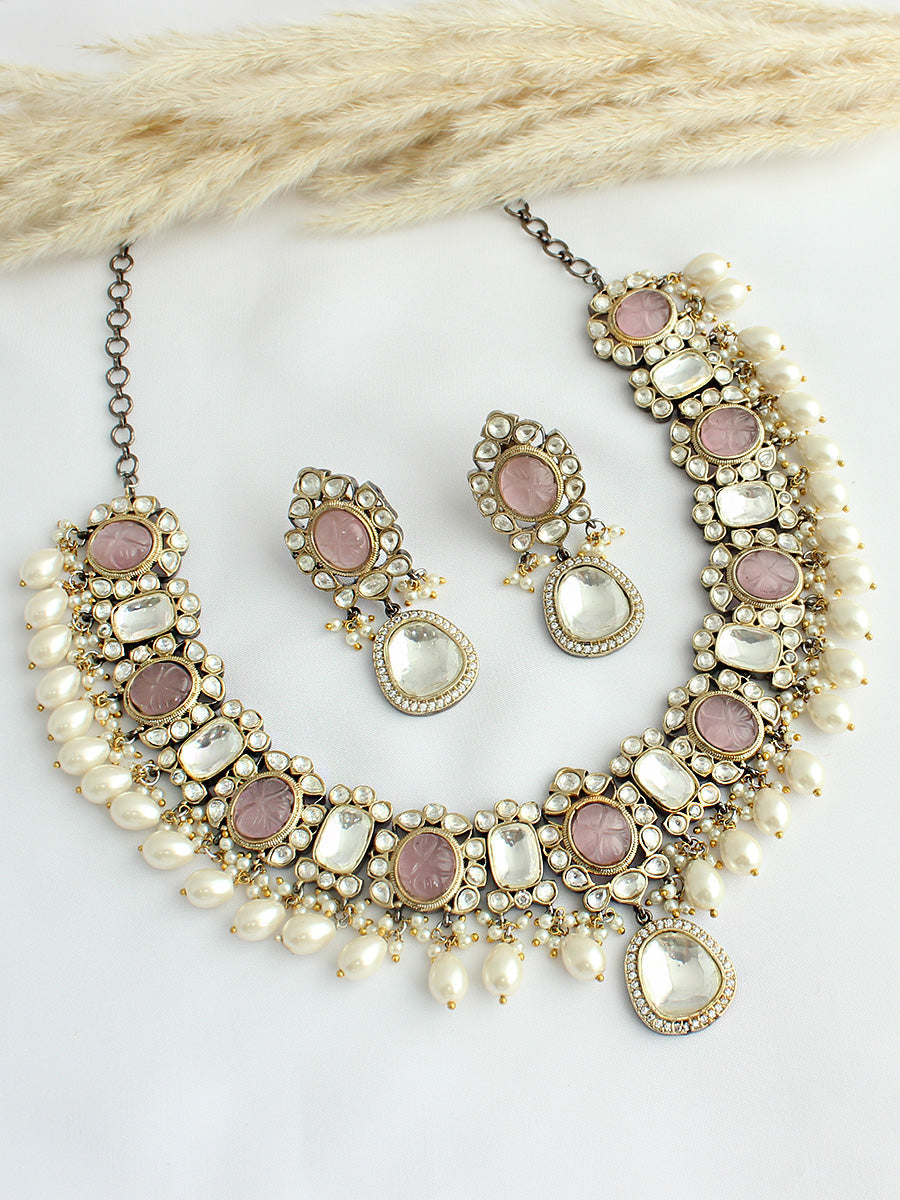 Kolkata Bib Necklace Set-Pastel Pink