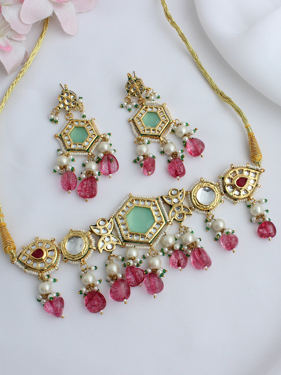 Pranali Choker Necklace Set-Pink