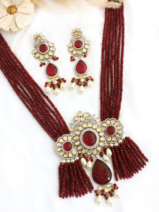 Diya long Necklace Set-Maroon