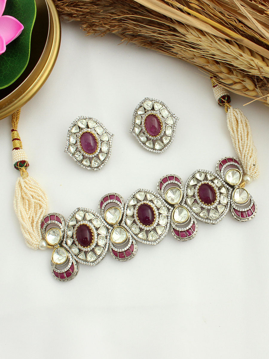 Isha Choker Necklace Set - Ruby Pink