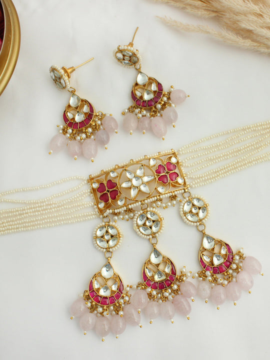 Siddhi Choker Necklace Set - Hot pink