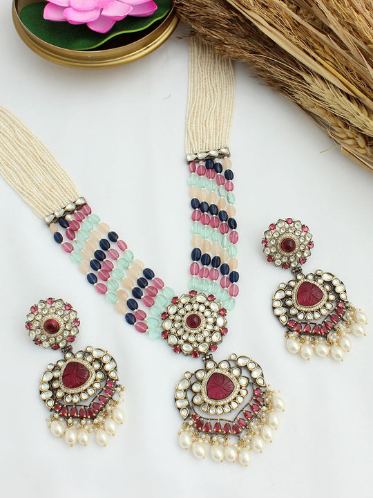 Dhruvi Long Necklace Set-Hot Pink