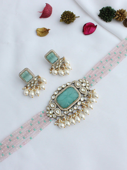 Pranika Choker Necklace Set-Pastel Pink / Mint Green