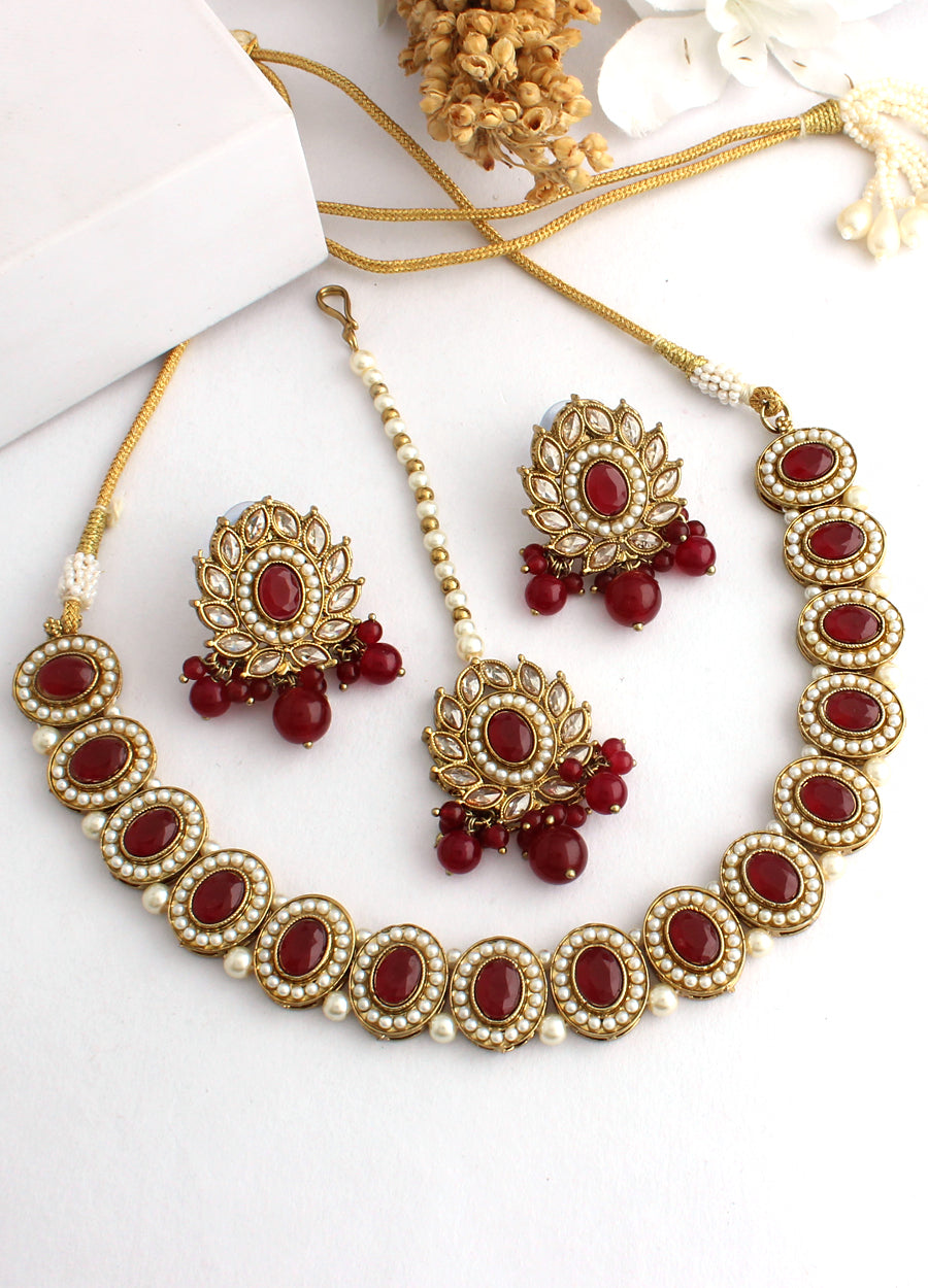 Neeru Necklace Set-Maroon