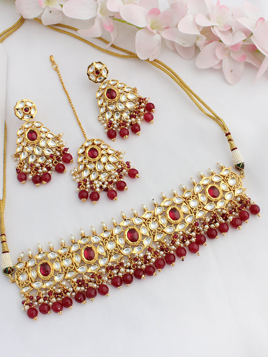 Mishika choker Necklace Set - Maroon