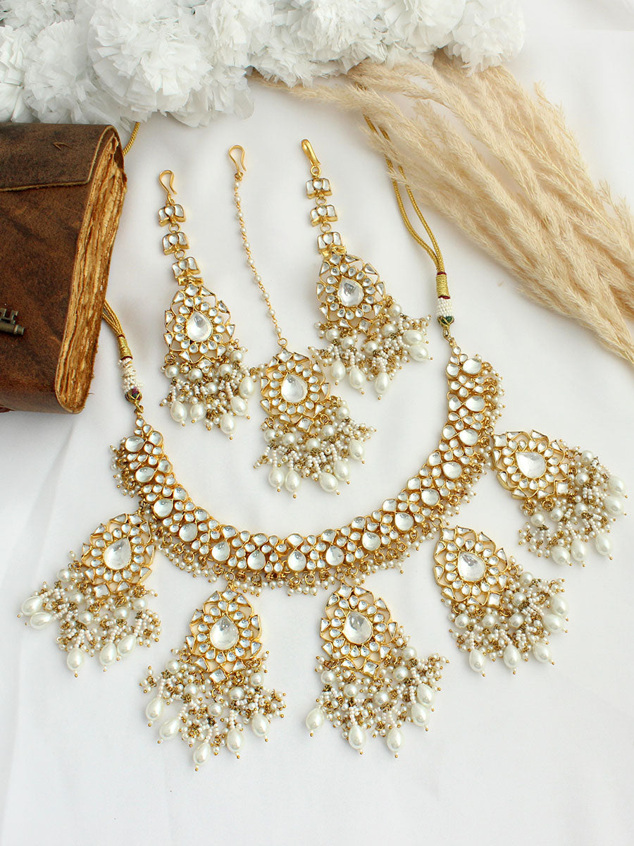 Devyani Bib Necklace Set - White