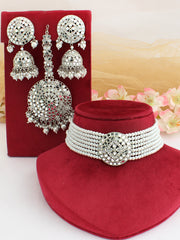 Ishrat Mirror Choker Necklace Set - Silver