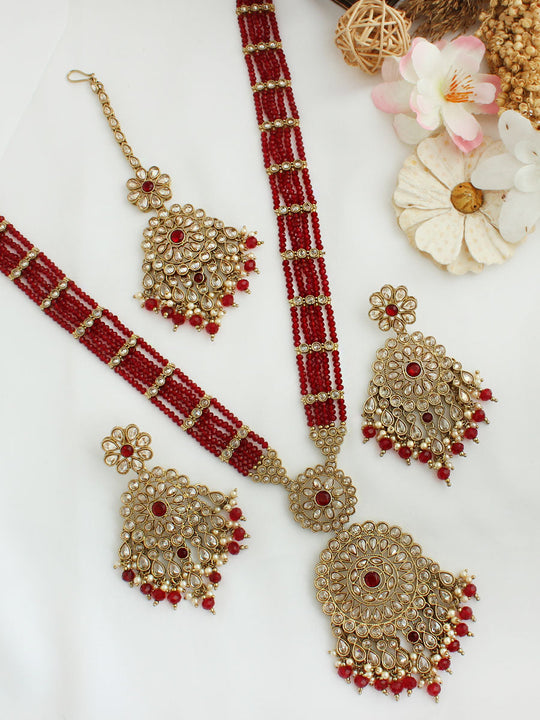 Mansha Long Necklace Set-Maroon