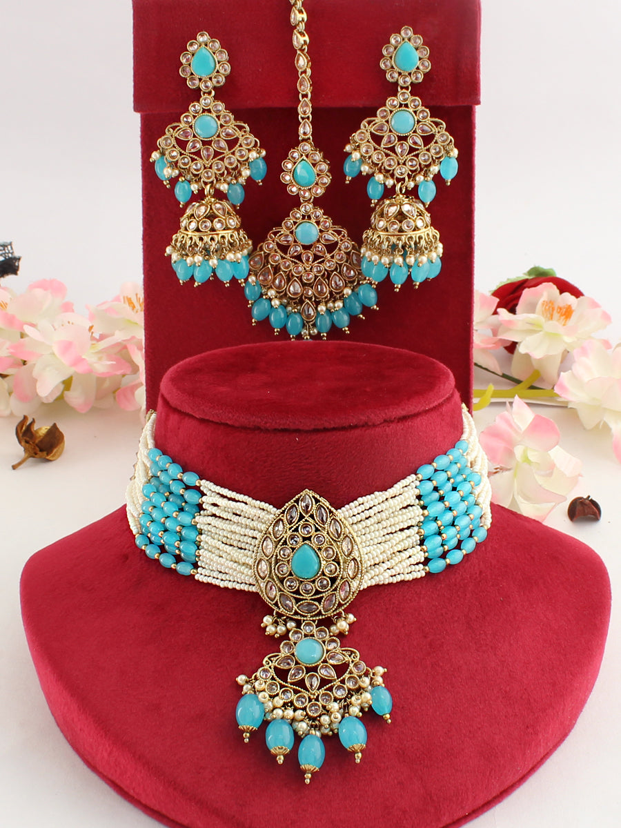 Sia Choker Necklace Set-Aqua