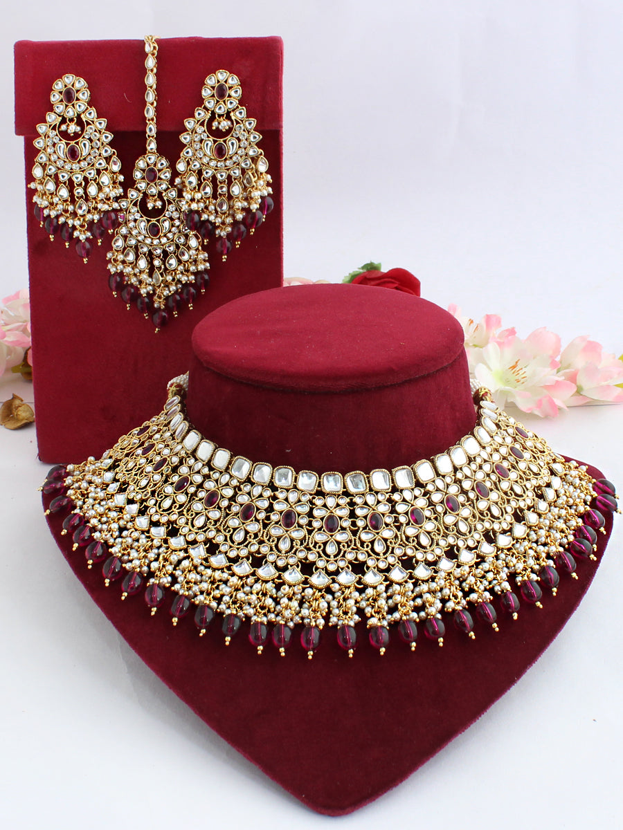 Yuvika Bib Necklace Set-Maroon