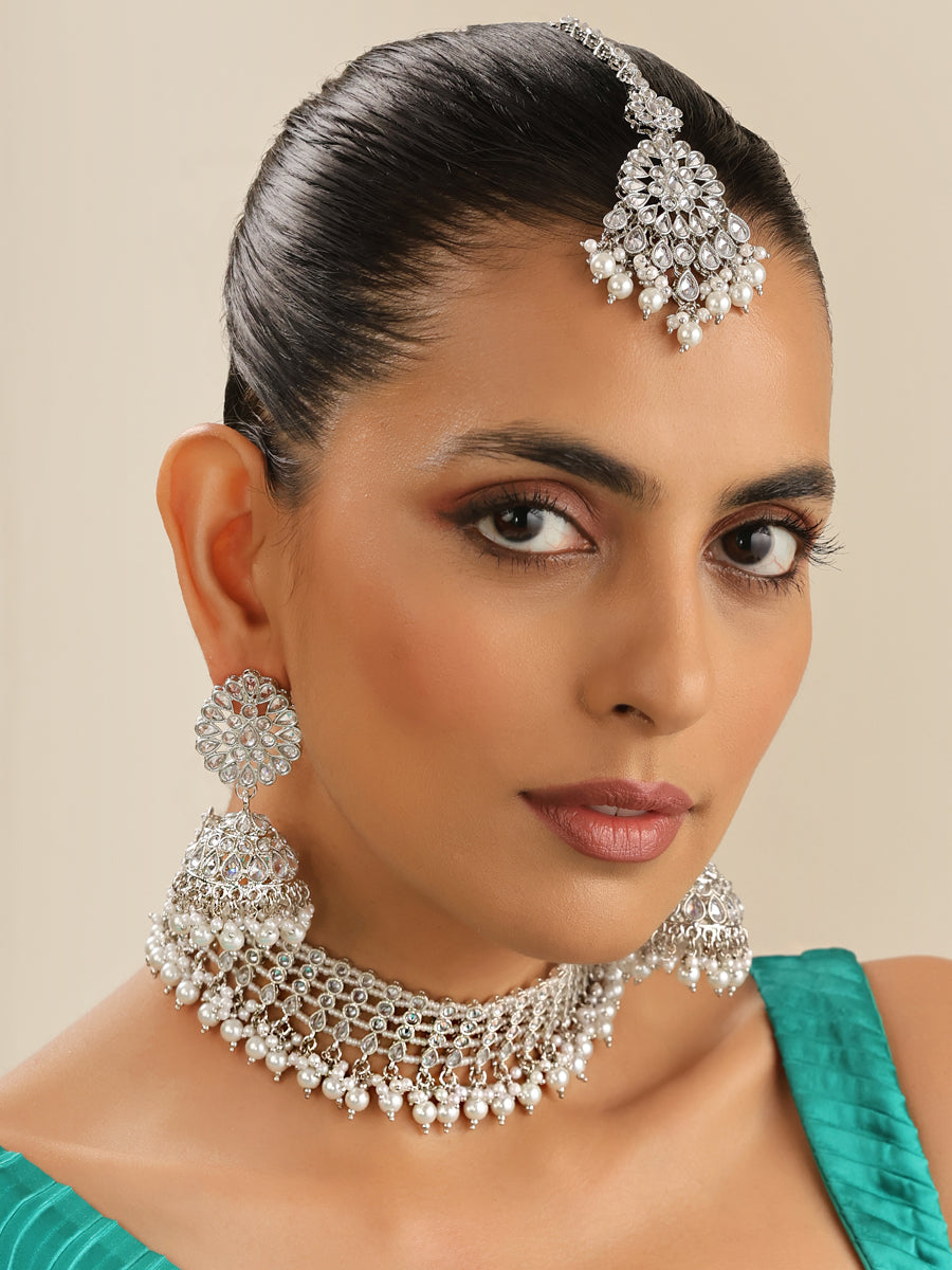 Riffat Choker Necklace Set-Silver