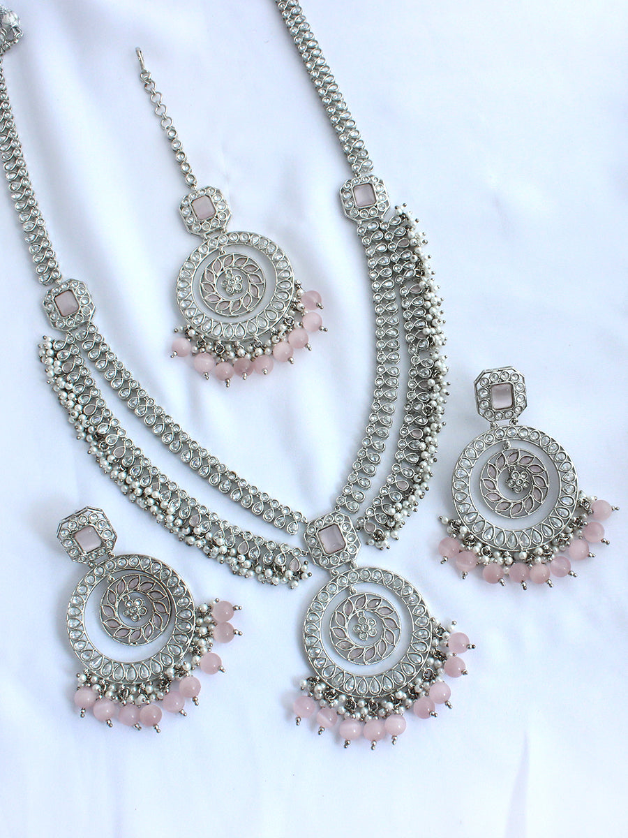 Anamika Long Necklace Set-Pastel Pink