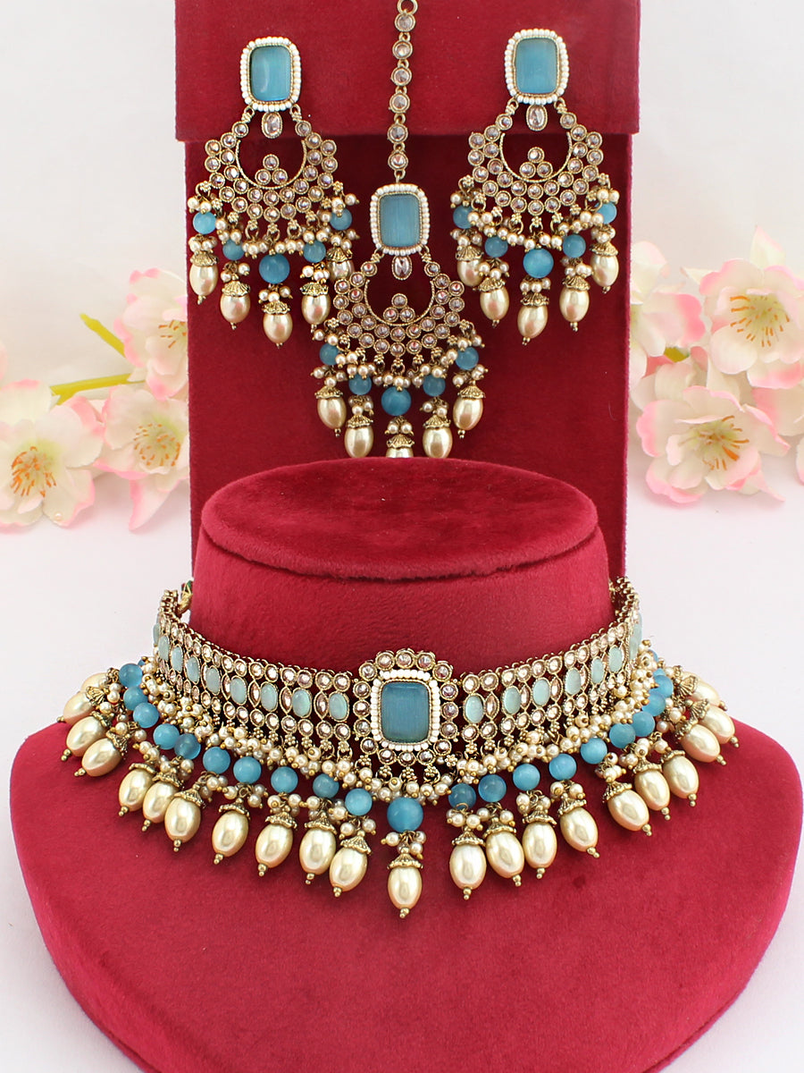 Pakhi Choker Necklace Set-Aqua