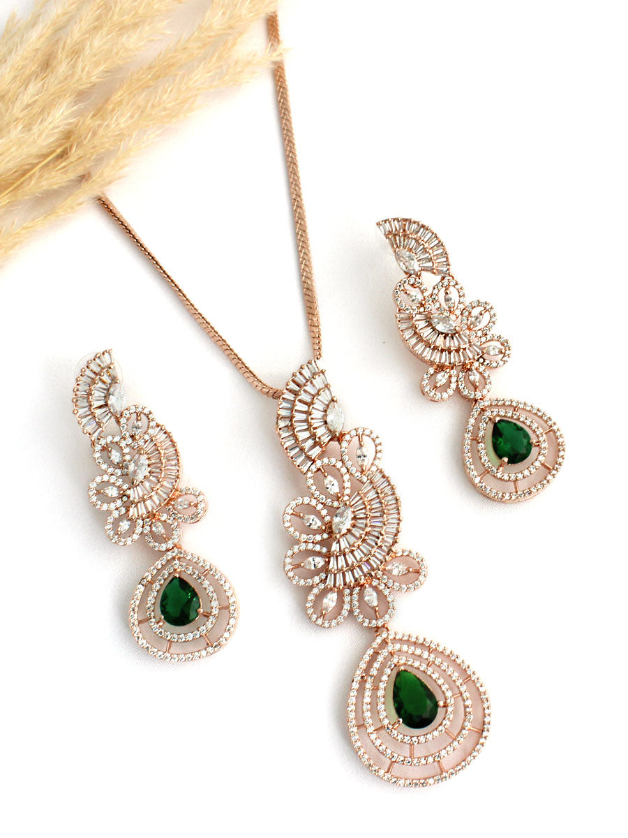 Kiara Pendant Earrings Set - Green / Rose Gold