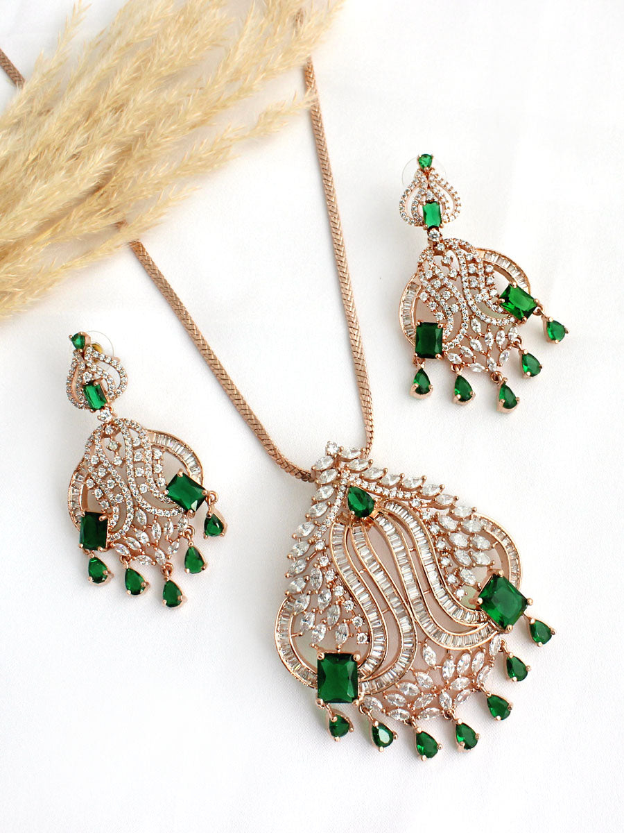 Natasha Pendant Earrings Set - Green / Rose