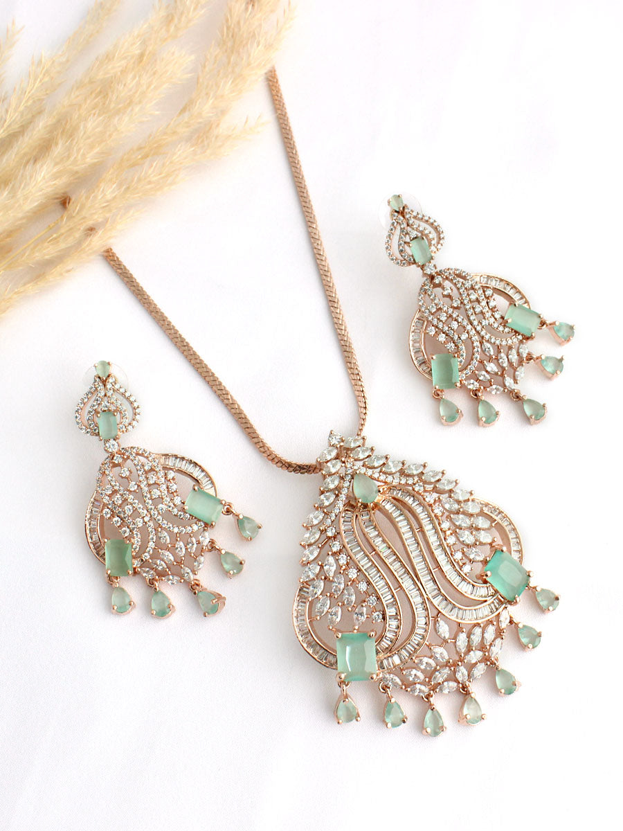 Natasha Pendant Earrings Set - Mint Green / Rose Gold