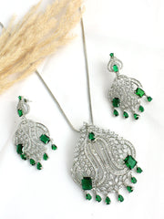 Natasha Pendant Earrings Set - Green / Silver