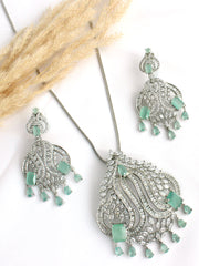 Natasha Pendant Earrings Set - Mint Green / Silver