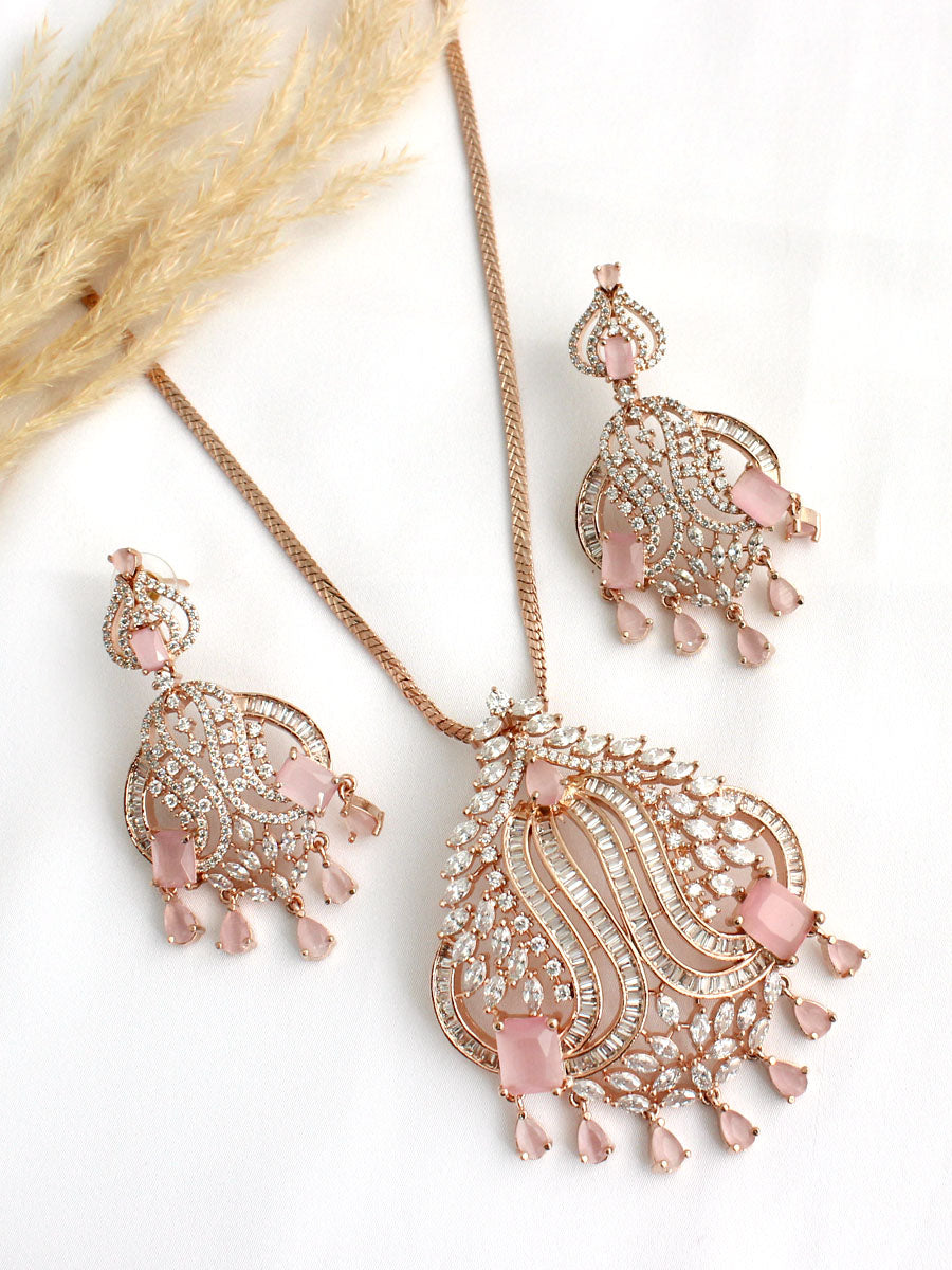 Natasha Pendant Earrings Set-rose Gold/ Pastel pink