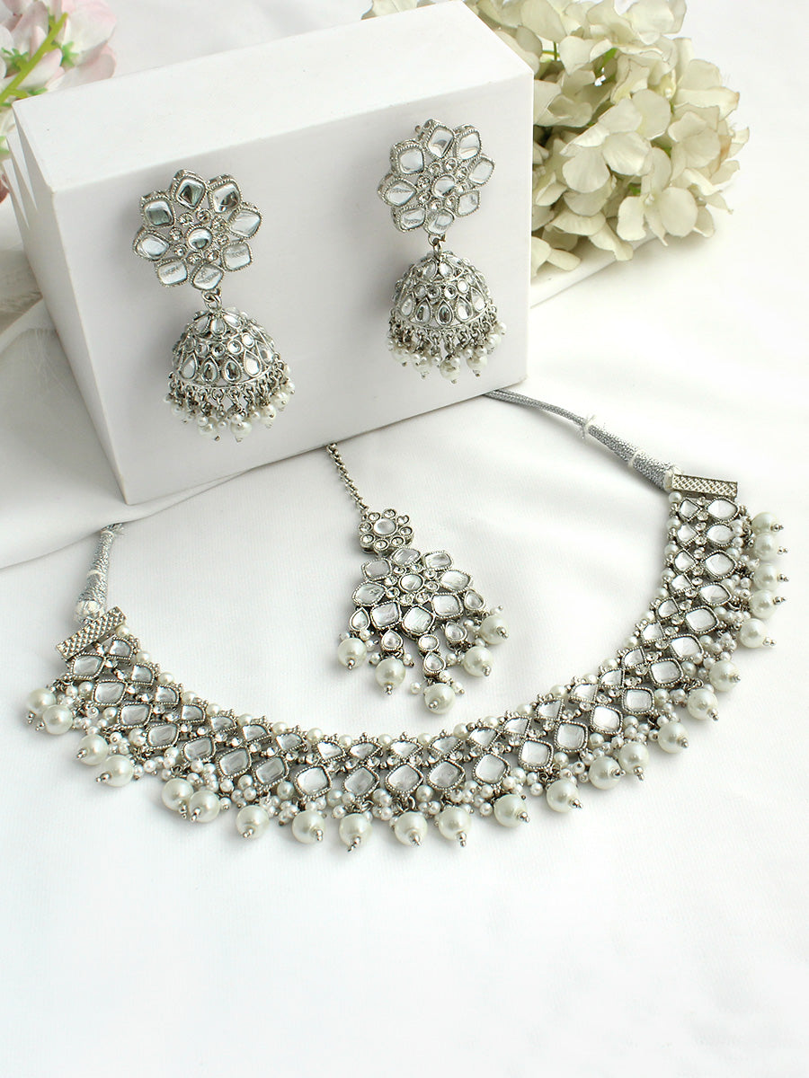 Sneha Bib Necklace Set - Silver