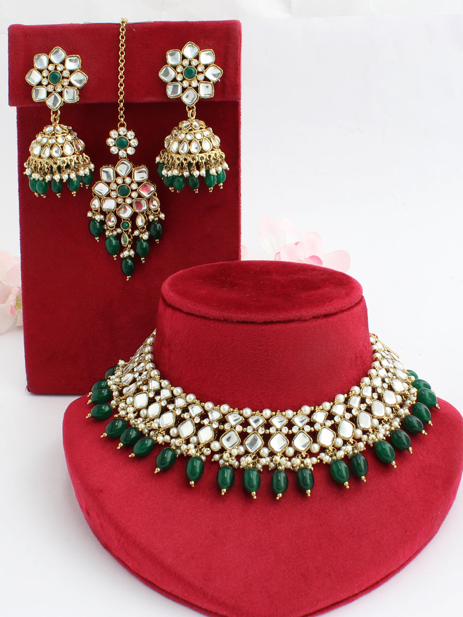 Sneha Bib Necklace Set-Silver-Green