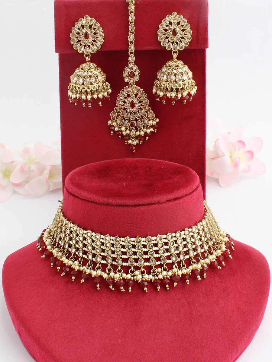 Riffat Choker Necklace Set-Maroon