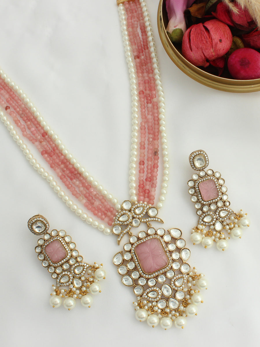 Pragati Long Necklace Set-Pastel Pink