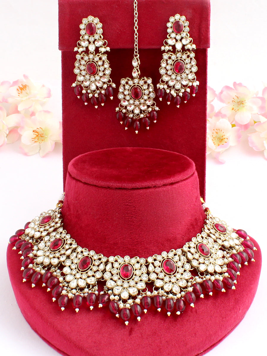 Maheen Bib Necklace Set-Hot Pink