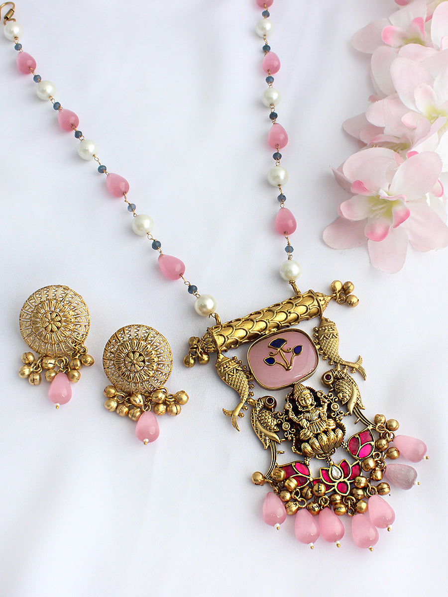 Vibhuti Long Necklace Set - Pink