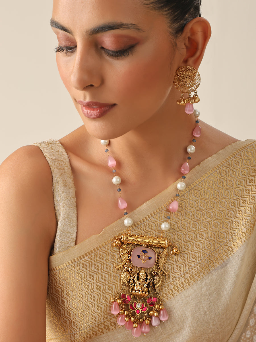 Vibhuti Long Necklace Set-Pink