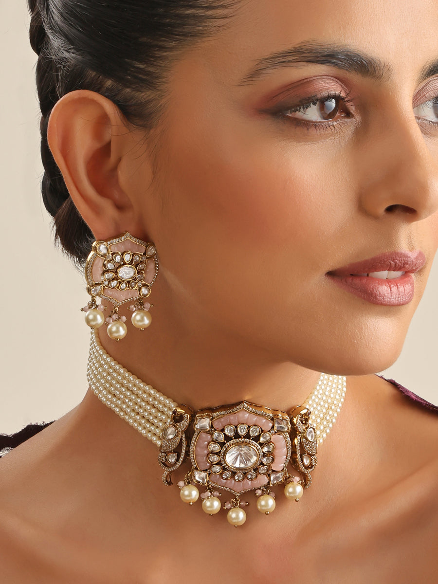 Manipur Choker Necklace Set-Pastel Pink