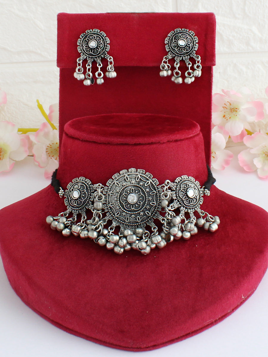 Poorvi Choker Necklace Set-Antique Silver