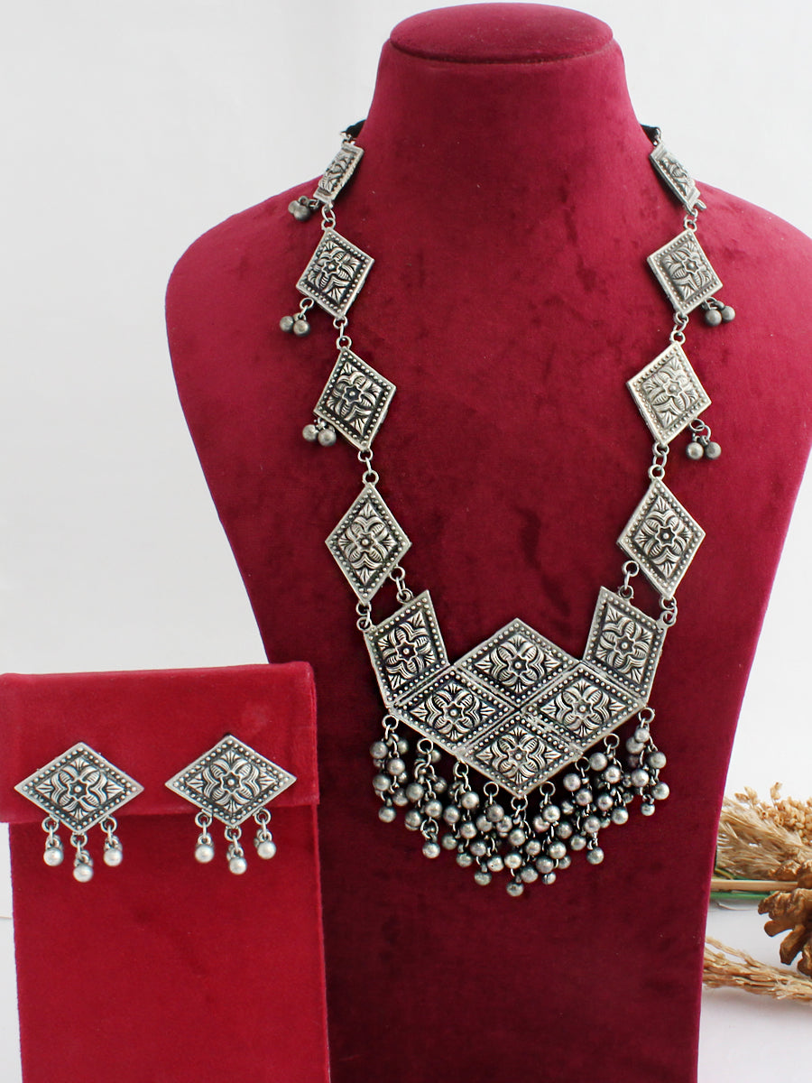 Umang Long Necklace Set-Antique Silver