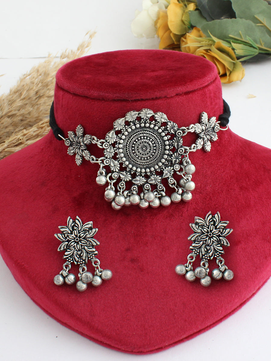 Ipshita Choker Necklace Set-Antique Silver