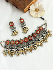 Hiral Bib Necklace Set-Coral