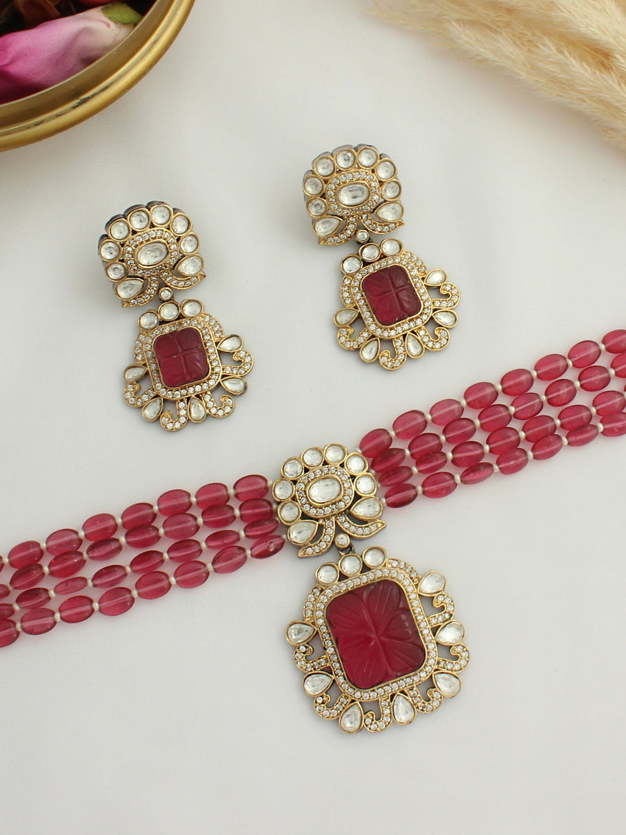 Aakriti Bib Necklace Set-Ruby Pink