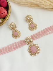 Aakriti Bib Necklace Set-Pastel Pink