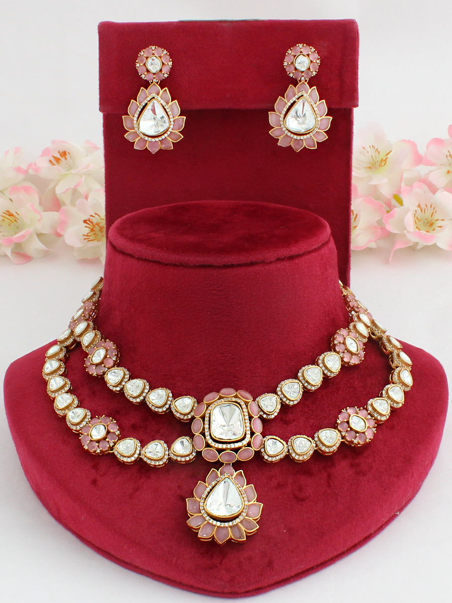 Sharvi Bib Necklace Set-Pastel Pink