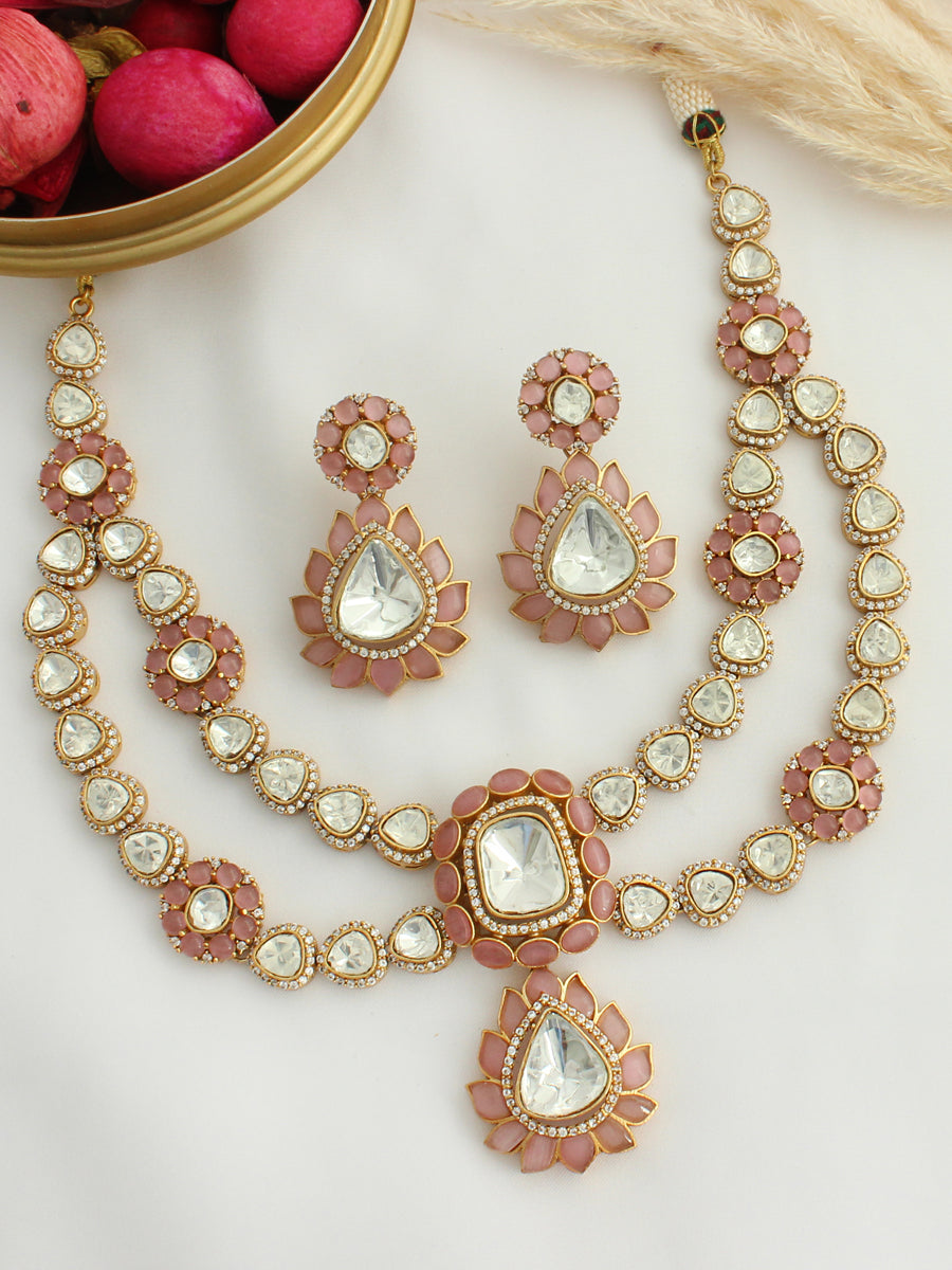 Sharvi Bib Necklace Set-Pastel Pink