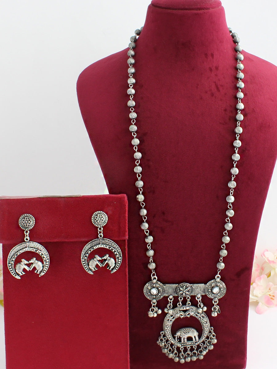 Vrinda Long Necklace Set-Antique Silver