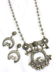 Vrinda Long Necklace Set-Antique Silver