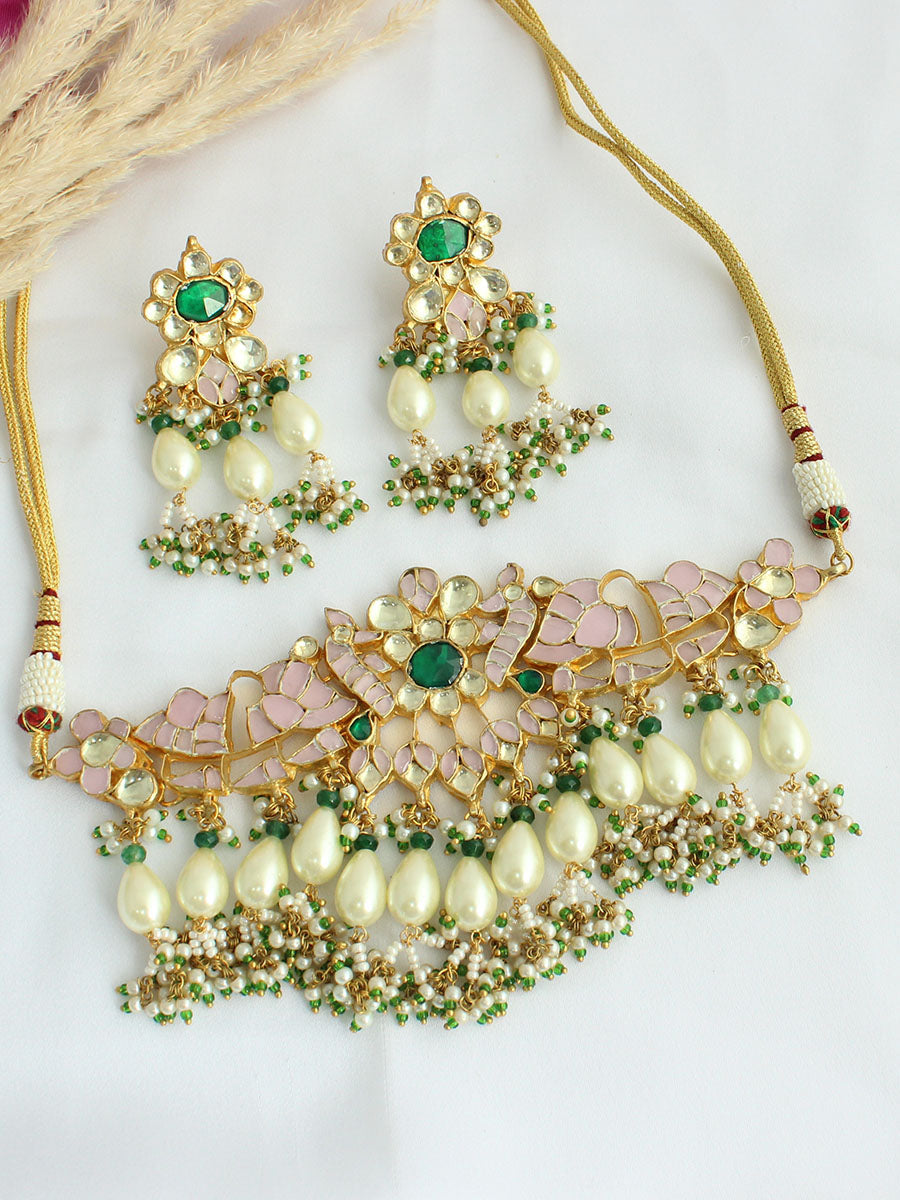 Adwita Choker Necklace Set - Pink / Green