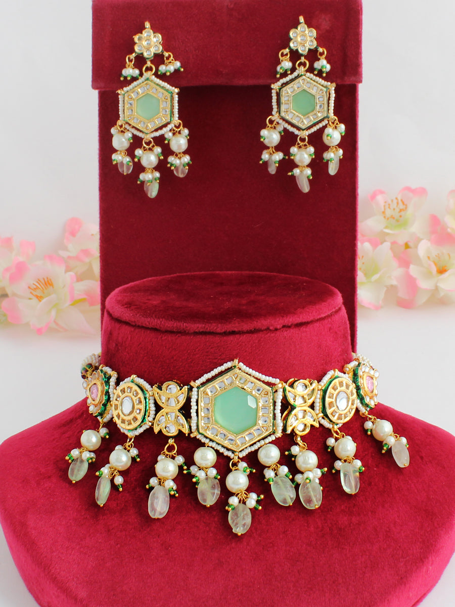 Pranali Choker Necklace Set-Mint Green