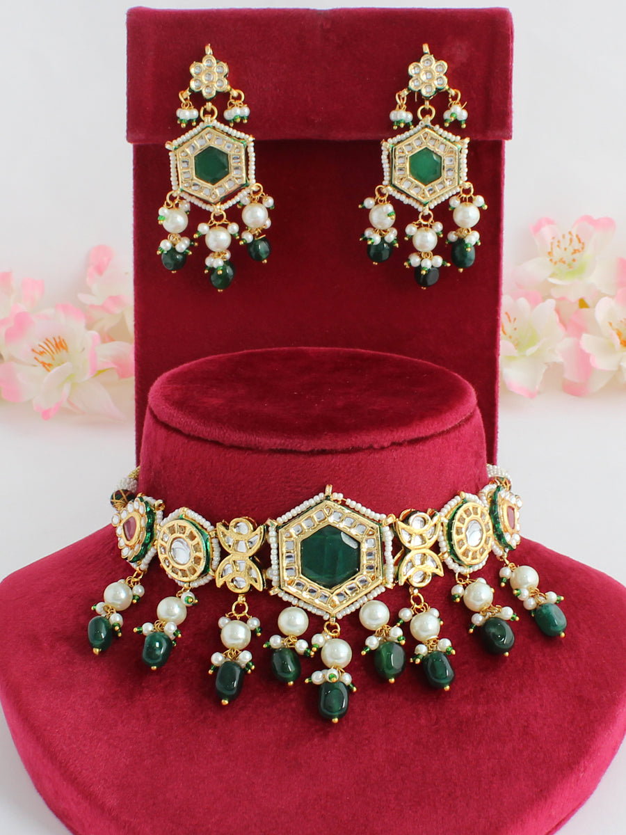 Pranali Choker Necklace Set-Green