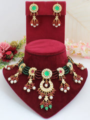 Vishali Bib Necklace Set-Maroon - Green