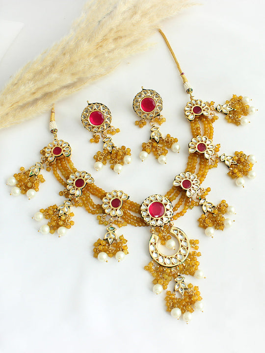 Vishali Bib Necklace Set-Yellow
