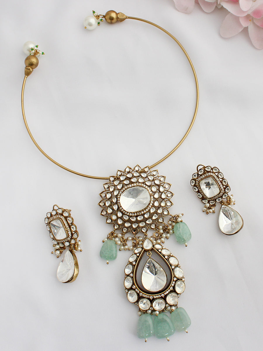 Shuchi Hasli Necklace Set - Mint Green