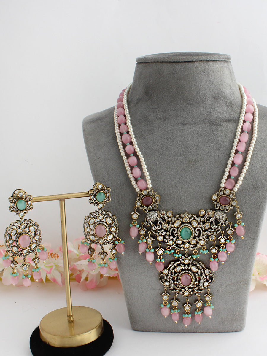 Ridhanshi Long Necklace Set-Pastel Pink / Mint Green