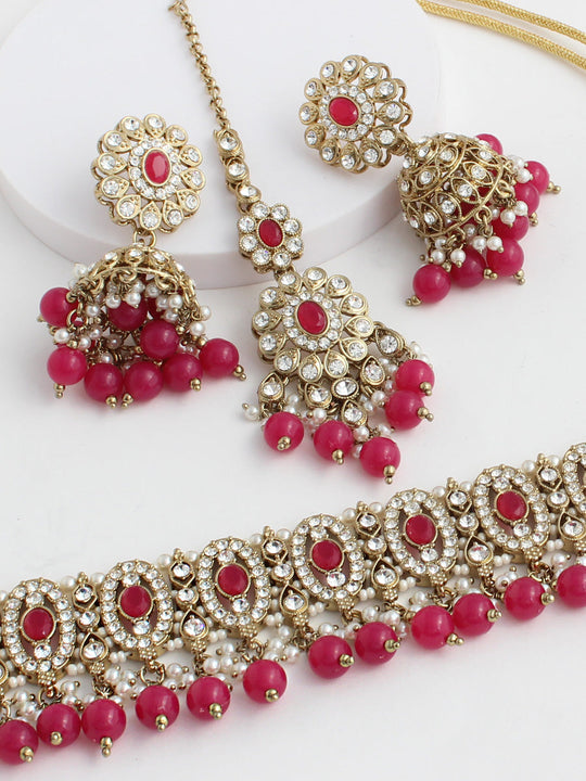 Aasma Choker Necklace Set-Ruby Pink